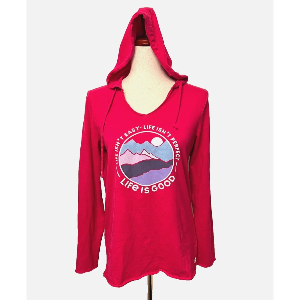 LIFE IS GOOD Women’s S Long Sleeved Hooded T-SHIRT Mountains Outdoors V-Neck EUC